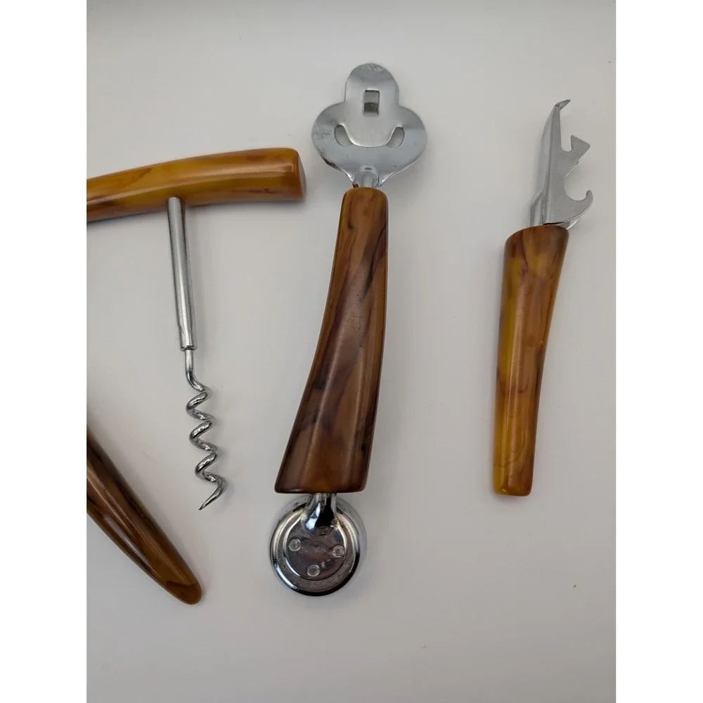Vintage Bakelite 4 piece Barware Set Cocktail‎ Strainer Corkscrew Bottle Opener